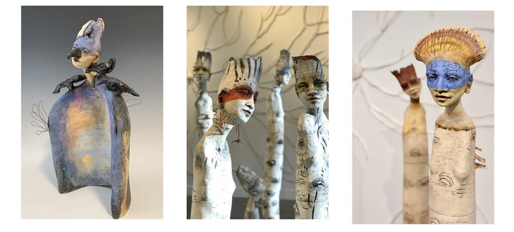 Artist Marsha Godoy-Schindler’s artwork, left to right: Crow Offering Altar; Tree Women, detail; Bracket Tree Women
